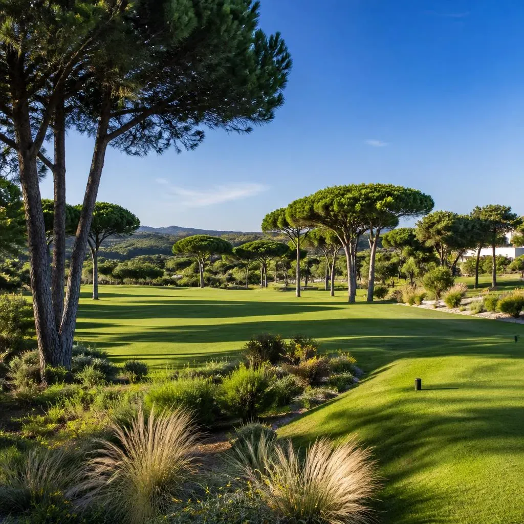 Manicured golf course framed by umbrella pines in the Algarve