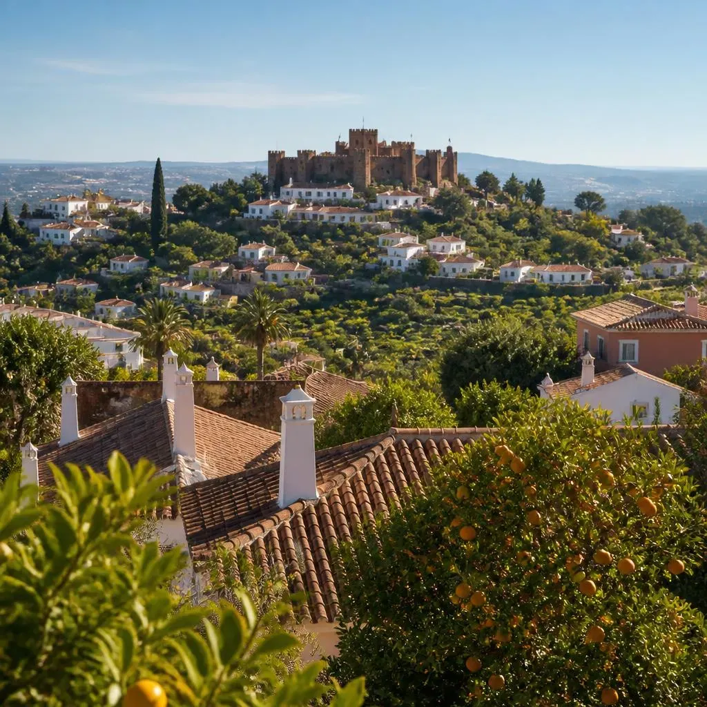Inland Algarve rooftops, citrus trees and hills near Silves