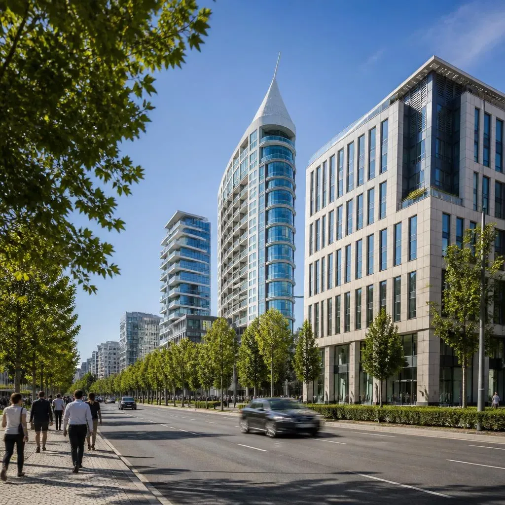 Contemporary Lisbon business district with modern offices and trees