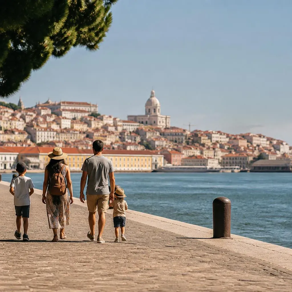 Family walking along a Portuguese riverside promenade