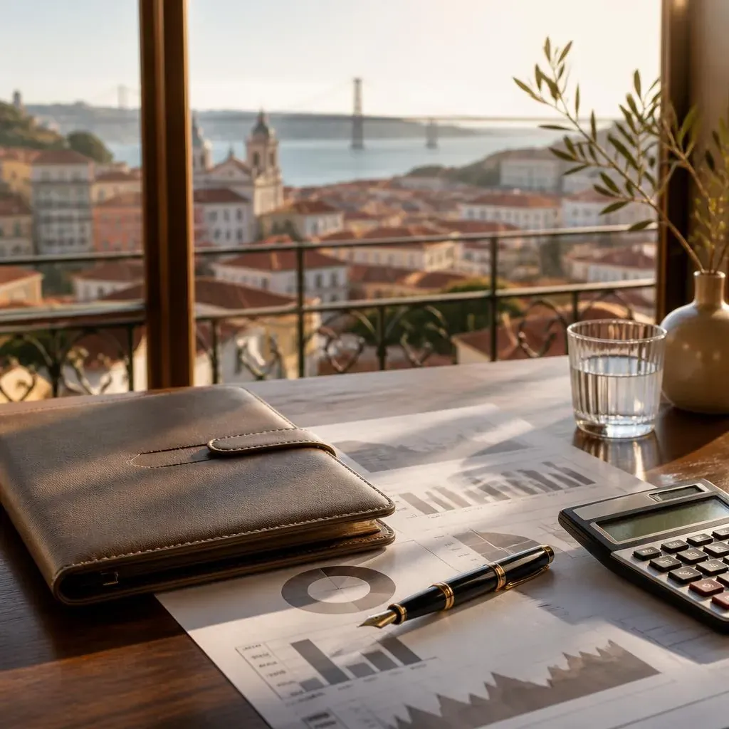 Investment portfolio, calculator and pen arranged on a desk