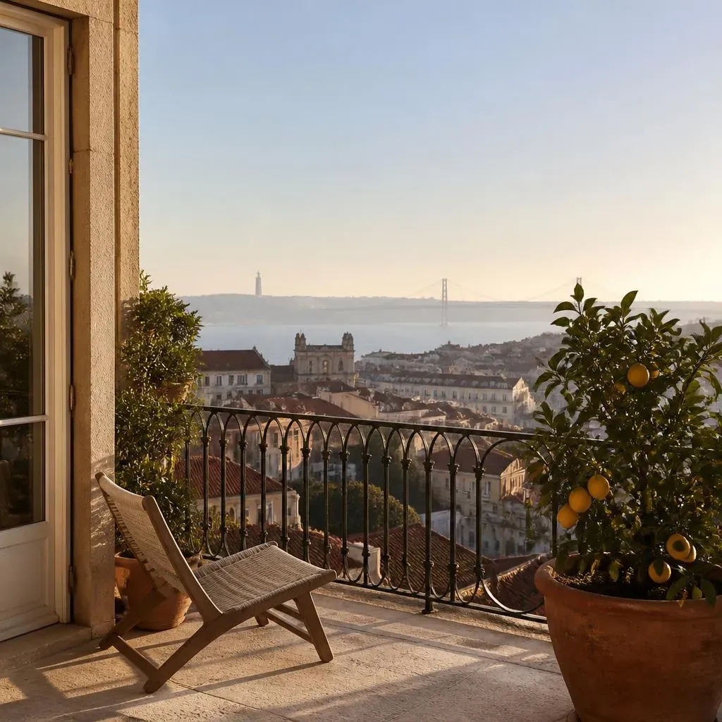 Portuguese apartment terrace overlooking a historic city and river