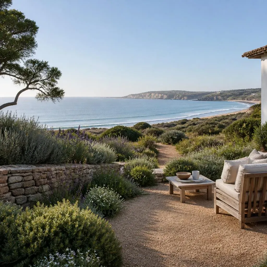 Quiet Atlantic coastline seen from a private Portuguese garden terrace