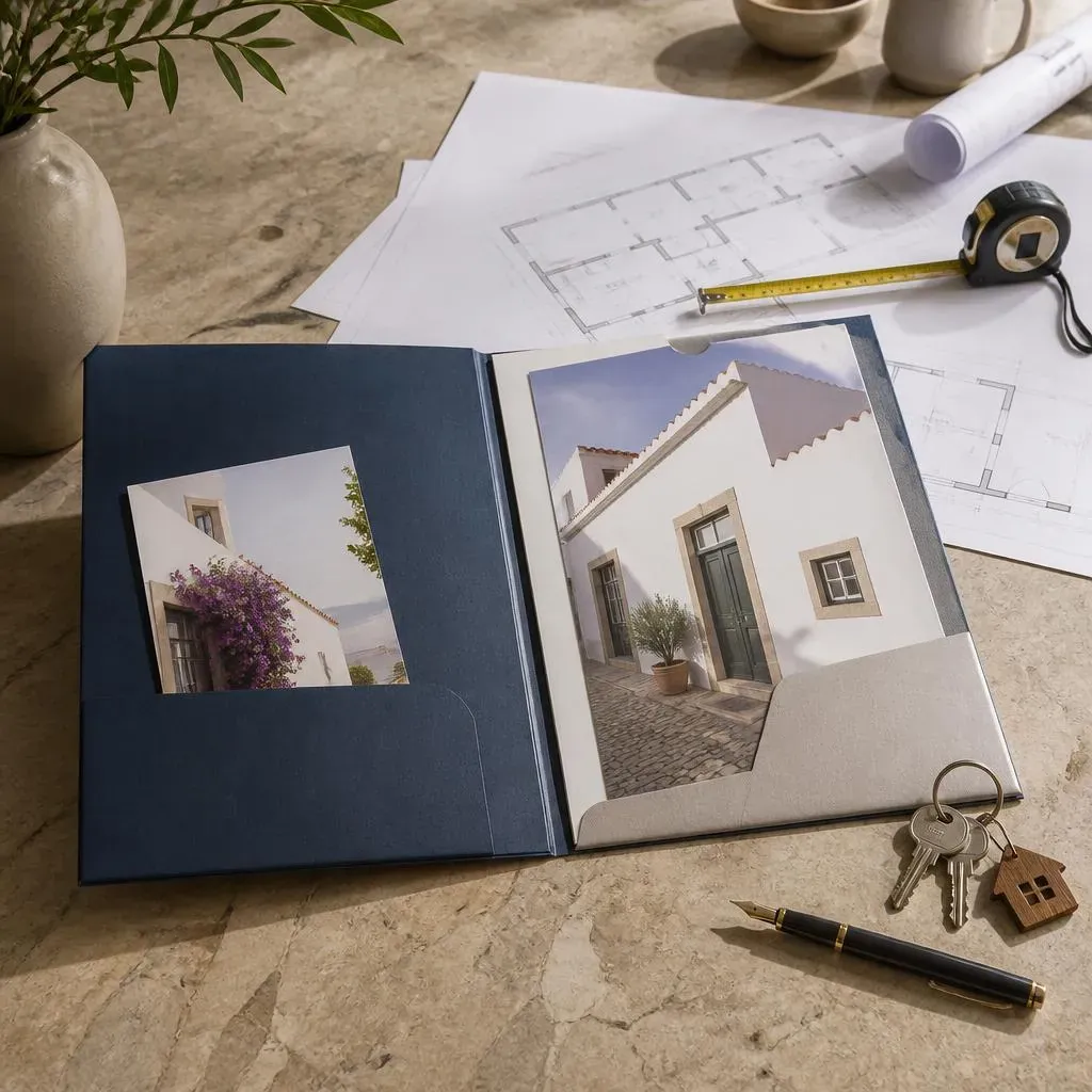 Property viewing folder with plans, keys and measuring tape on a stone table