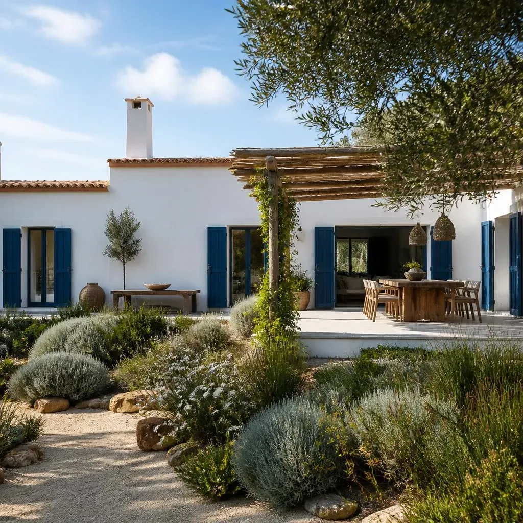 Renovated Portuguese coastal home with blue shutters and native planting