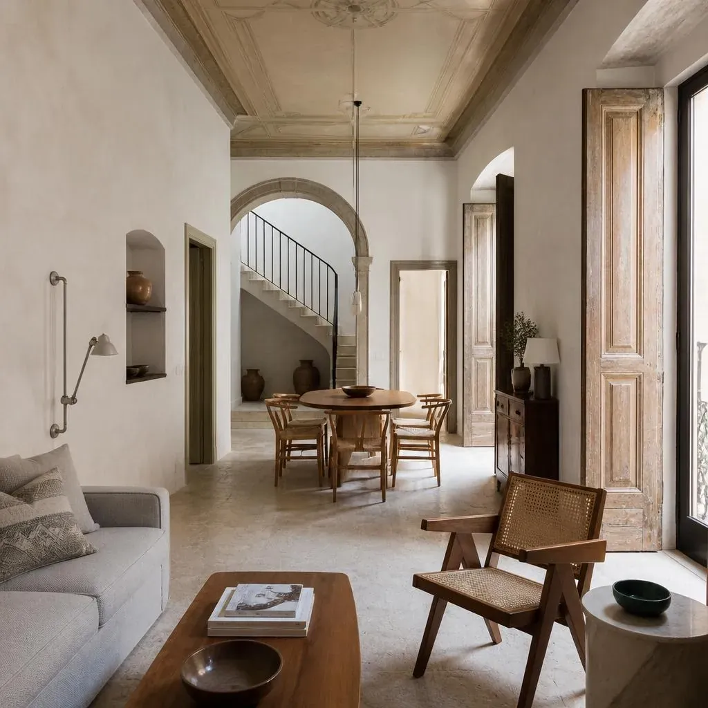 Restored Portuguese townhouse interior with original shutters and limestone floor
